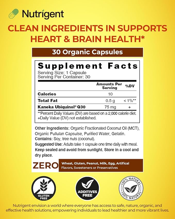 Ubiquinol CoQ10 75 mg, Liquid Filled Organic Capsules, High Absorption Coenzyme Q10 Supplements, Antioxidant for Heart Health & Energy Production, 30 Count