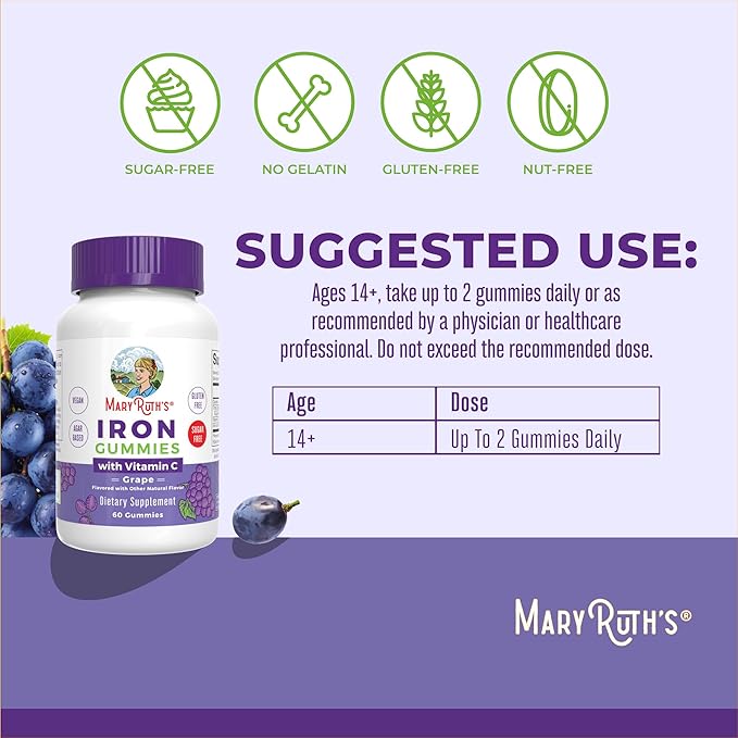 MaryRuth's Iron Gummies for Ages 14+ | with Vitamin C for Absorption | Sugar Free | Gummy Iron Supplement + VIT C | Energy Metabolism | Cellular Health | Immune Support | Vegan | Non-GMO | 60 Count