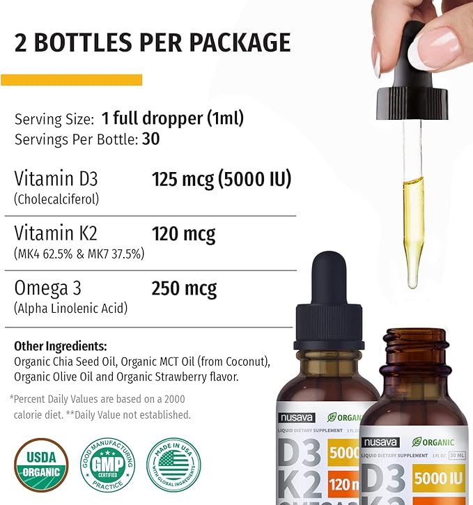 (4 Pack) Organic Vitamin D3 K2 Drops with MCT Oil Omega 3, 5000 IU - Maximum Strength Vitamin D Liquid, No Fillers, Non-GMO Liquid D3 for Faster Absorption and Immune Support (Strawberry, 4 Fl Oz)