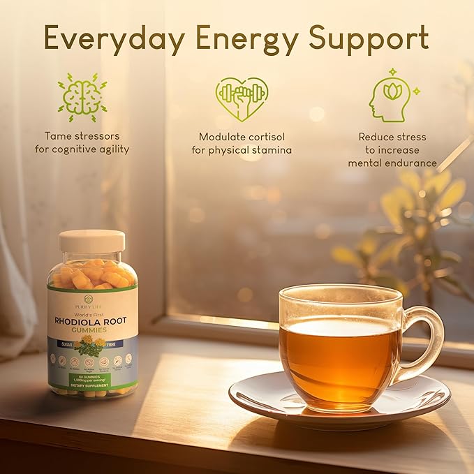 Sugar-Free Rhodiola Rosea Gummies (1500mg/Serving) Adaptogenic Rhodiola Rosea Supplement & Cortisol Blocker for Performance, Stamina, Mood & Motivation - Non-GMO, 60 Vegan Chews, No Capsules or Pills