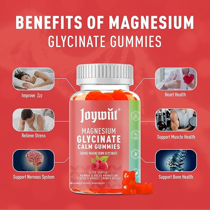 Magnesium Glycinate Gummies 500mg Magnesium Supplement Gummies, Threonate 200mg, Vitamin D,B6,B12,Calm Mood, Muscle Relief, Nerve Health, Bone Support- 60 Counts
