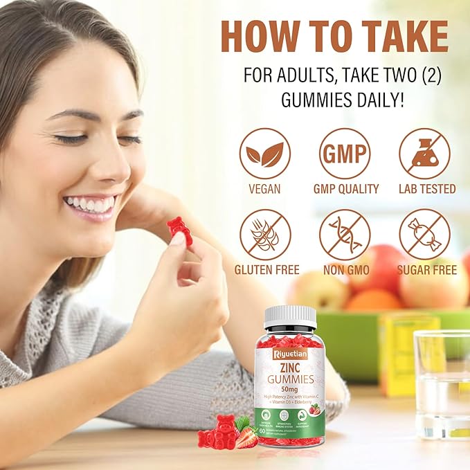 Zinc Gummies - 50mg High Potency Zinc with Vitamin C + Vitamin D3 + Elderberry - Immune Health Support - Vegan, Non-GMO and Gluten Free - 60 Gummies