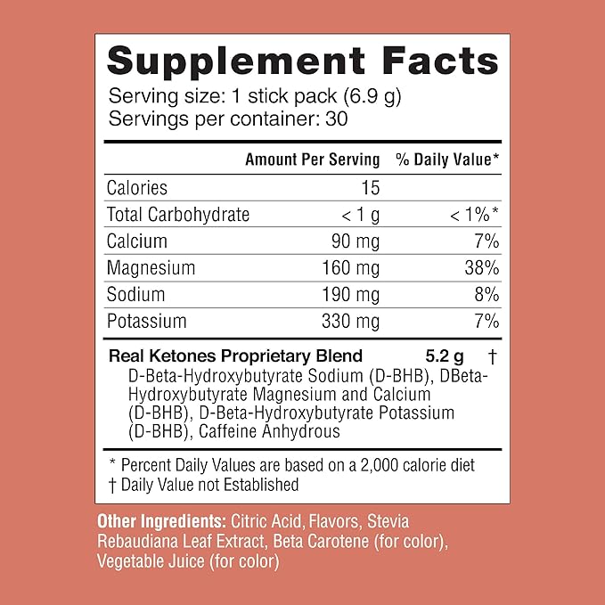 Real Ketones BHB Exogenous Ketones Drink Mix Packets Keto Electrolytes Powder Packets No Sugar with 4 Main Fasting Electrolytes Plus Hydrating Patented Keto BHB - 30 Count Peach Caffeine