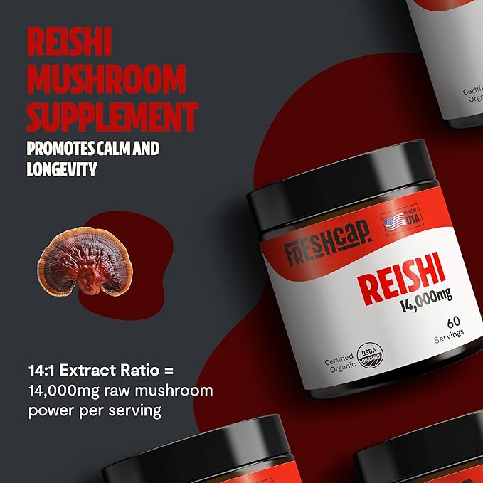FreshCap Reishi Mushroom Powder 14,000mg - Organic Mushroom Extract Supplement Powder, Ayurveda Nootropic Red Reishi Supplement Blend (60 Servings)