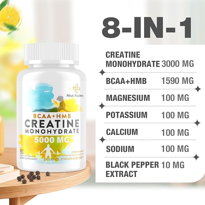 8-in-1 Creatine Monohydrate with BCAA & HMB, 5000 mg for Men & Women, Creatine Chews for Muscle, Recovery, Endurance & Strength, High Absorption, Lemon Flavor, Sugar-Free, 180 Tablets