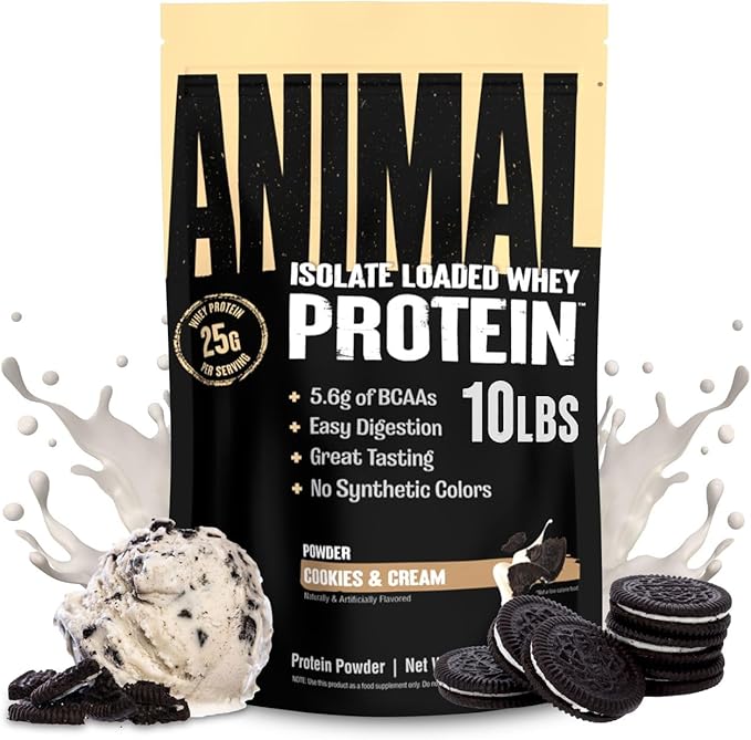 Animal Whey Isolate Protein Powder - Loaded for Pre & Post Workout Muscle Builder and Recovery with Digestive Enzymes for Men & Women - 25g Protein, Great Taste, Low Sugar - Cookies & Cream 10 lbs