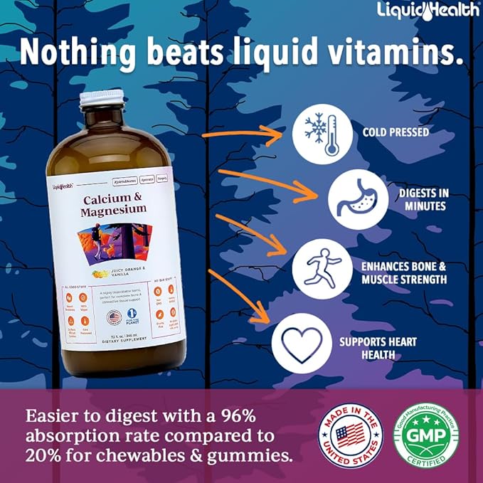 LIQUIDHEALTH Calcium & Magnesium Adult Liquid Vitamin Supplement - Bone, Joint, Muscle, Connective Tissue Support, Heart Health, Essential Nutrients - Great Taste, Vegan, Non GMO, Sugar-Free (32 oz)