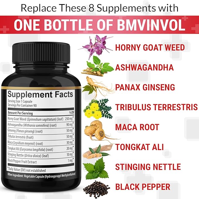 BMVINVOL Horny Goat Weed Capsules with Maca, Ginseng, Tribulus Terrestris, Ashwagandha, Black Pepper - 90 Count for 3 Month Supply