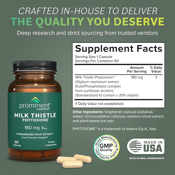 Prominent Nutrition Milk Thistle Phytosome, Clinically Researched Siliphos® Milk Thistle Extract for Liver Function, Detox, and Cleanse Support, Standardized to 29% Sylibin, 180 mg, 60 Capsules