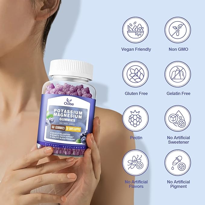 Potassium Magnesium Gummies for Adults Kids, High Absorption Potassium Citrate 99mg Magnesium Citrate 400mg, Chewable Gummy Supplements for Leg & Muscle Health, Blueberry, 60 Count