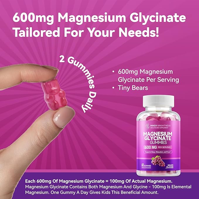 Magnesium Glycinate Gummies 600mg, Non-GMO, Gluten-Free, Magnesium Gummies for Adults & Kids, Sleep, Relaxation & Focus, Grape Flavor, 60 Count