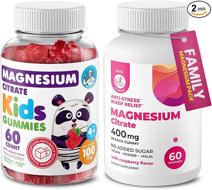 DR. MORITZ Calm Magnesium Gummies for Adults (400mg, 60 Count) and Kids Magnesium Gummies (60 Count) - for Relaxation Support - Sugar-Free & Non-GMO - Raspberry Flavor