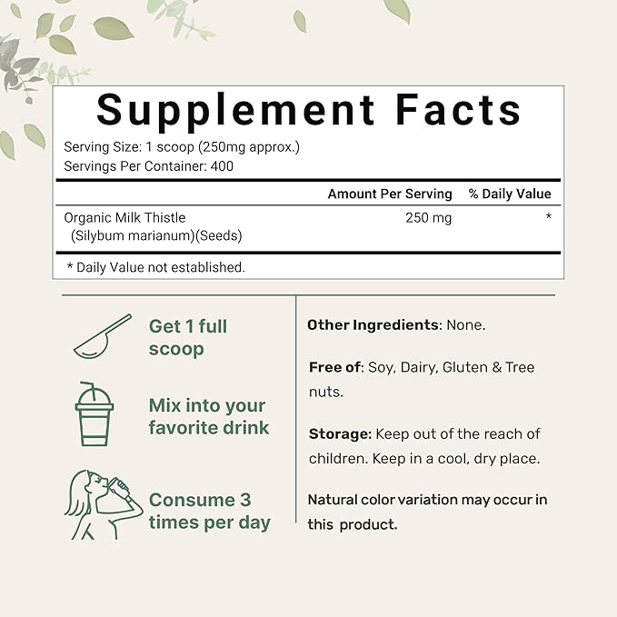 Organic Milk Thistle Powder, 3.5 oz (400 Servings) | Herbal Liver Support Milk Thistle Supplement | Liver Detox & Antioxidant Support | Contains Active Silymarin | Non-GMO, Vegan Friendly