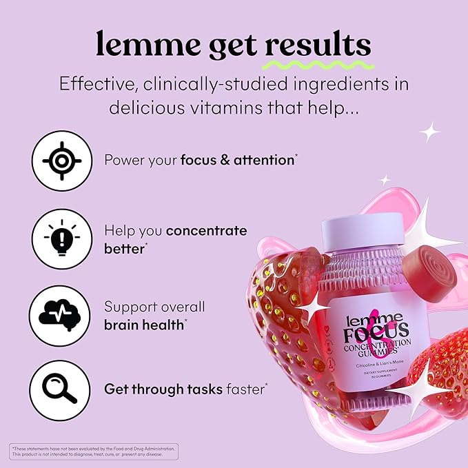 Lemme Focus Concentration & Brain Health Gummies with Cognizin Citicoline, Lion's Mane Mushroom, Vitamin B12 to Support Focus + Concentration - Gluten Free, Caffeine Free, Strawberry (50 Count)