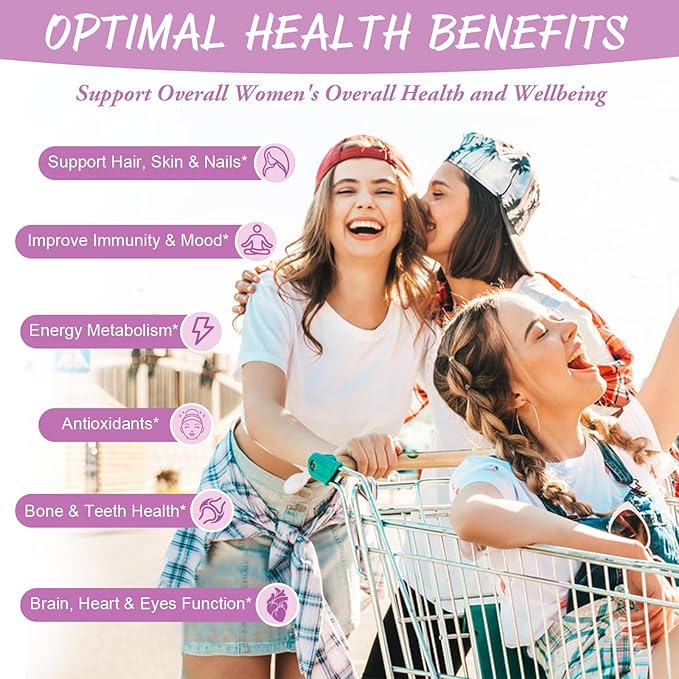 Sugar Free Multivitamin Gummies for Women 14+ w/Iron, Inositol, Folate, Biotin, Womens Daily Multivitamin Gummy w/Vitamin A, D, C, B, Support Hair, Skin, Energy, Immune, Strawberry Flavor