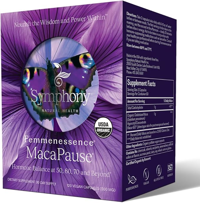 Femmenessence MacaPause – Clinically Proven for Post Menopause, Natural Hormone Balance Supplements for Women, Bone and Heart Health, Symptom Relief, Organic Maca Root Capsules (120)