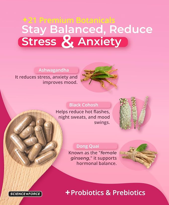 Lovely Menopause Supplement + Hormone Balance + Weight Management, Hot Flashes, Mood Swings, Vaginal Health & Dryness | Black Cohosh, Dong Quai, Ashwagandha + Probiotics, Woman Supplement, 60 ct