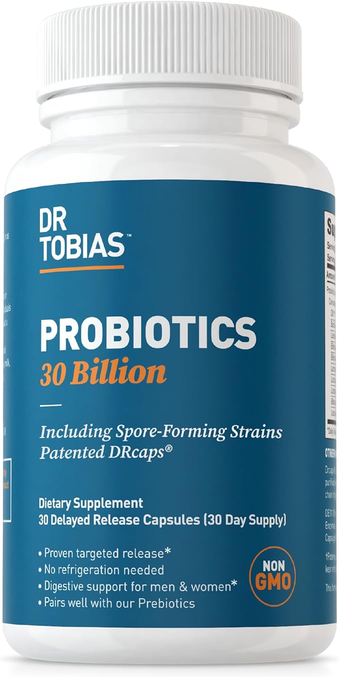 Dr. Tobias Probiotics 30 Billion, 10 Strains, 30 Billion CFU's, Targeted Release Probiotics for Women & Men, Supports Digestive Health, Shelf-Stable, Non-GMO, 30 Capsules, 30 Servings