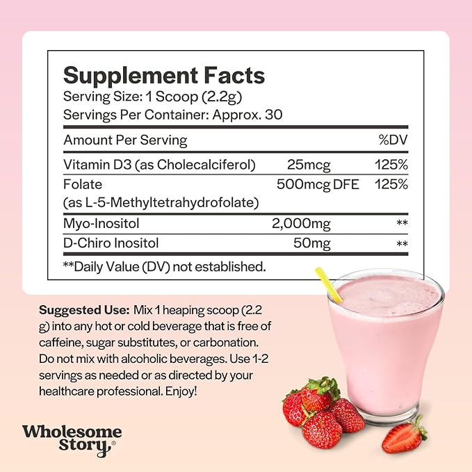 Inositol Supplement Powder with MTHF Folate + Vitamin D3 | Myo-Inositol & D-Chiro Inositol | Hormonal Balance & Healthy Ovarian Support | Vitamin B8 | Alternative to Inositol Capsules | 30 Servings