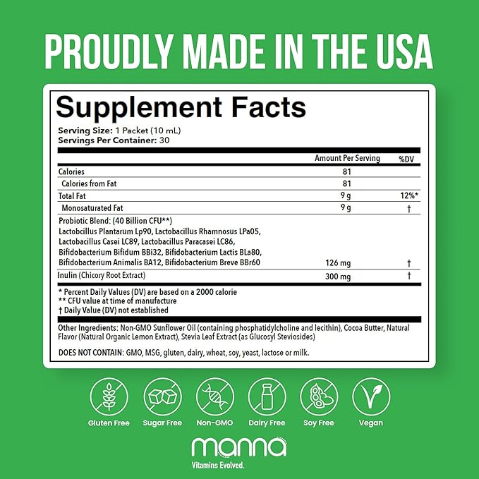 Manna Liposomal Prebiotic + Probiotic Packets – 40 Billion CFU, 8 Strains – Gut, Digestive & Immune Support – High Absorption, Non-GMO, Shelf-Stable, Daily Supplement, 30 Single Serves