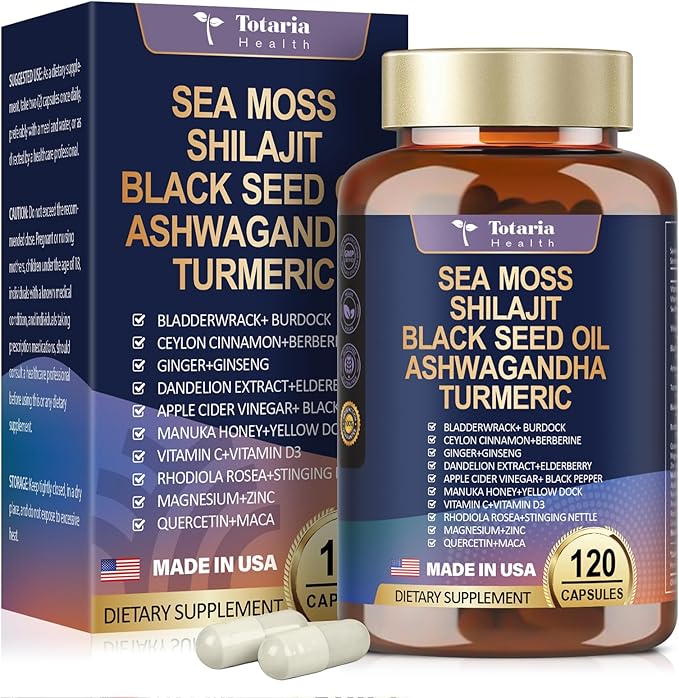 25-in-1 Sea Moss Black Seed Oil Ashwagandha Ginger Shilajit Supplement, Sea Moss Capsules with Bladder Burdock Ceylon Cinnamon Berberine ACV Manuka VIT C & D3, 120 Caps