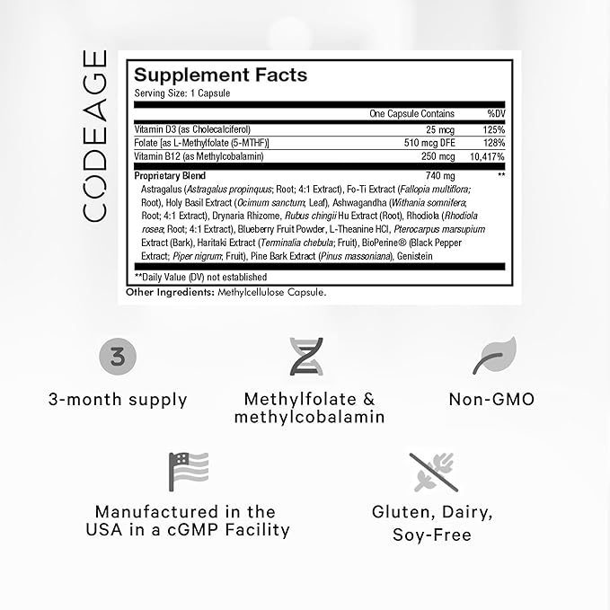 Codeage Ultra Life Telomeres Supplement - 5 MTHF Folate Vitamin B9, Vitamin B12 Methylcobalamin, Vitamin D3, L-Theanine, Ashwagandha - 3-Month Supply - DNA, Methylation Cycle - Non-GMO - 90 Capsules