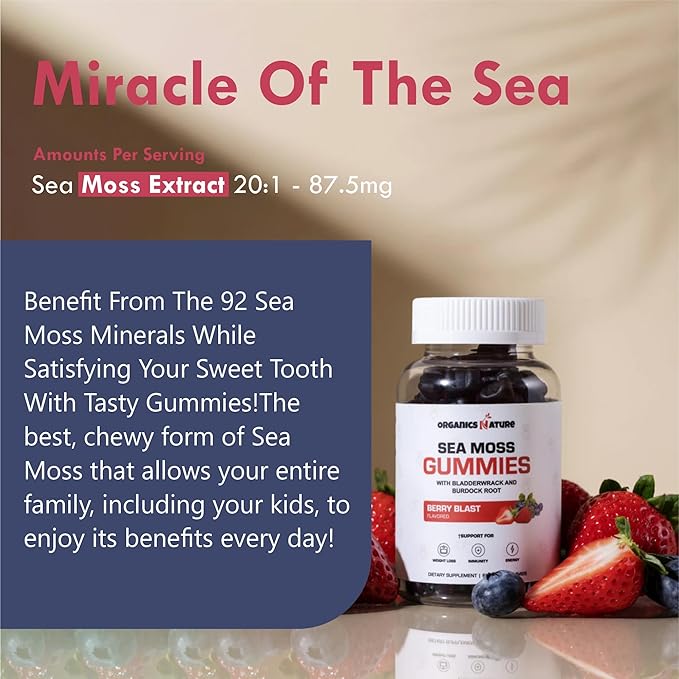 ORGANICS NATURE Irish Sea Moss Gummies for Lung Detox, Thyroid, Strength Immune & Energy Support, Vegan Seamoss Gummies for Kids & Adults - 60 Vegan Gummy Bears Berry Flavored