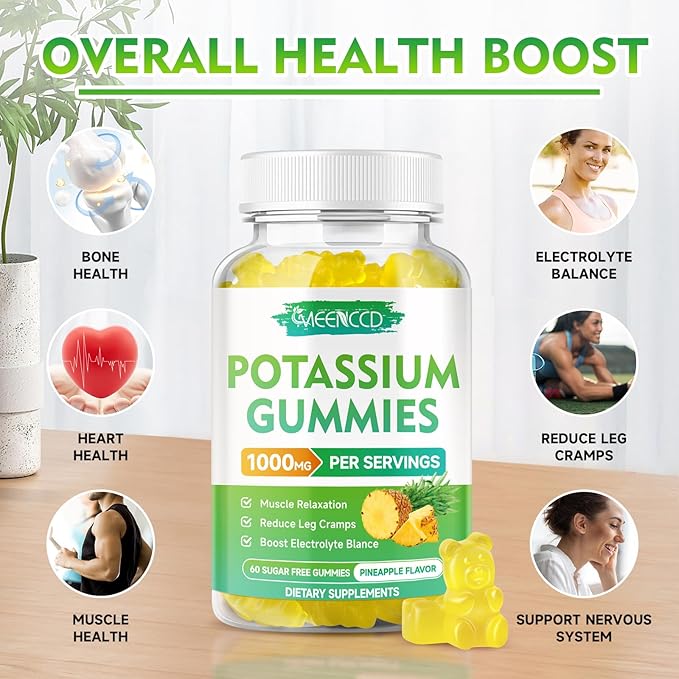 Potassium Citrate Gummies 1000mg, High Potency Potassium Supplement Gummies for Adults Women & Men, Potassium Gummies Support Leg Cramps & Muscle Health, Sugar-Free, Pineapple Flavor, 60 Count