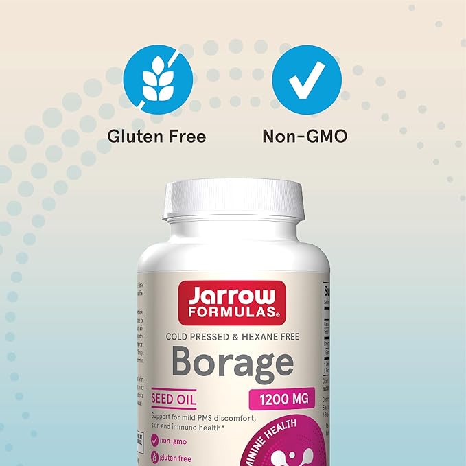 Jarrow Formulas Borage 1200 mg - 120 Softgels - Source of GLA - Borage Oil Supplement - For Skin Health & Immune System Support, Mild PMS Discomfort Support - Up to 120 Servings