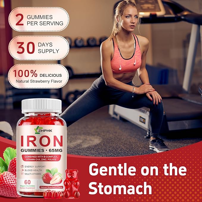 Iron Supplement Gummies for Women, Men & Kids, 65mg Iron & 250mg Vitamin C per Serving - Healthy Blood, Energy & Immune Support Iron Vitamin Gummy with Folate, 2 Pack