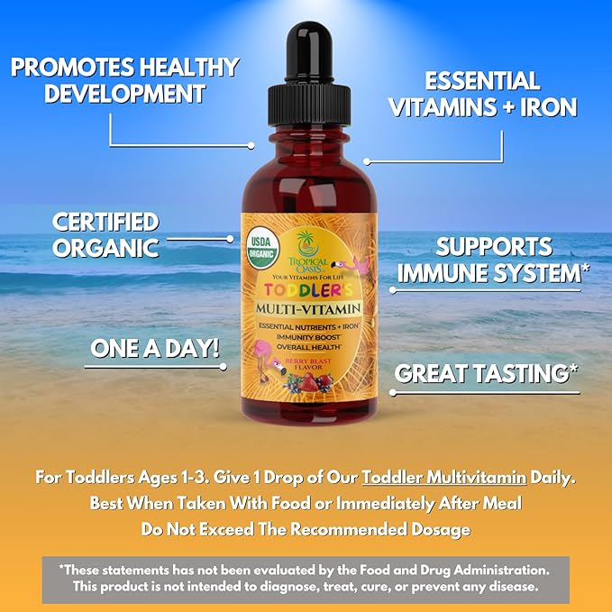 USDA Organic Kids Multivitamin with Iron for Toddlers | Organic Liquid Multivitamin Multimineral Drops for Kids Ages 1-3 | Immune Support for Toddlers | Sugar Free | Vegan | Non-GMO | 2 Fl Oz