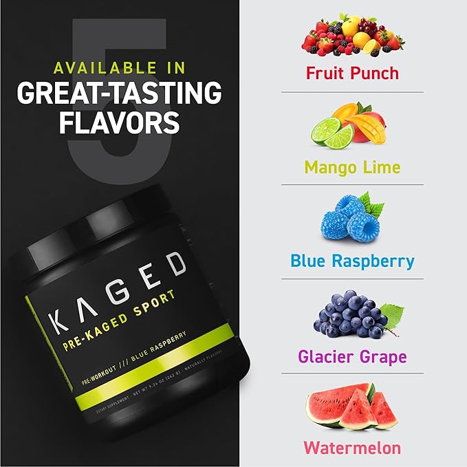 Kaged Pre-Kaged Sport Pre Workout Powder | Glacier Grape | Energy Supplement for Endurance | Cardio, Weightlifting Sports Drink | 20 Servings