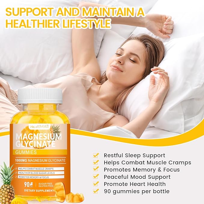 Magnesium Glycinate Gummies 1000mg, High Absorption Sugar Free Magnesium Potassium Supplement for Relaxation, Stress Relief, and Sleep Support for Adults & Kids - 90 Mango Pineapple Gummies