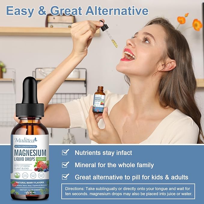 Magnesium Glycinate Liquid Drop - Triple Absorption Supplement to Support Nerves, Night, Heart, Muscles * -Sugar-Free with Potassium, L-Theanine, Sea Moss Vitamin B,C,D3, K2-1Pack