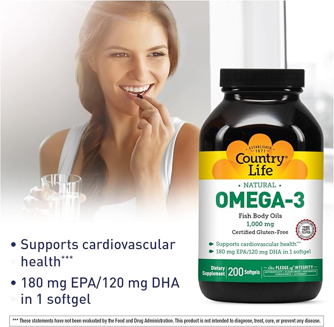 Country Life Omega-3 Fish Oil Supplement, 1000mg, 180mg EPA & 120mg DHA, Fish Oil Concentrate, Burpless, 200 Softgels, Certified Gluten Free