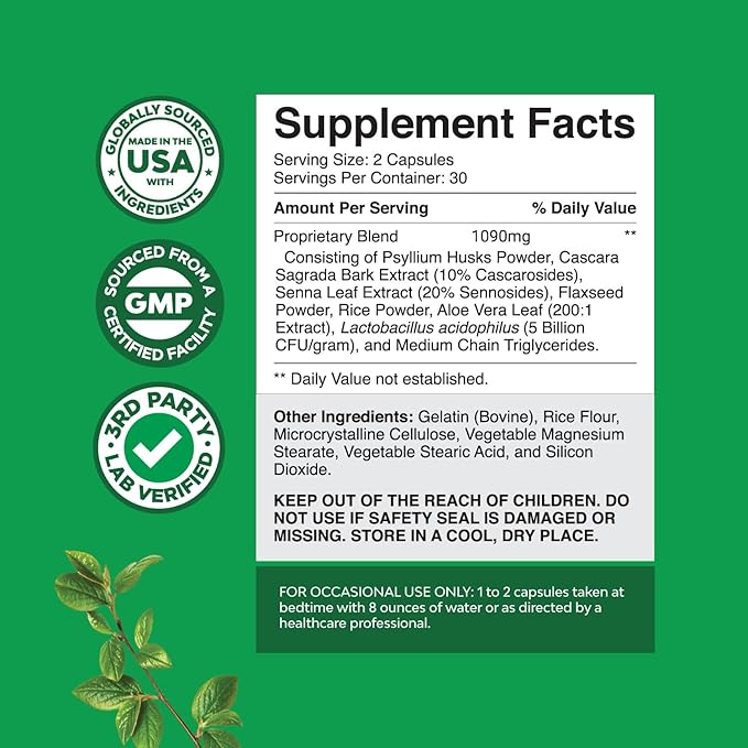 Herbal Laxative Capsules with Probiotics – Natural Laxative Pills to Cleanse Colon and Support Digestive System with Psyllium Husk Powder Senna Leaf Cascara Sagrada – Gentle Laxative for Women & Men