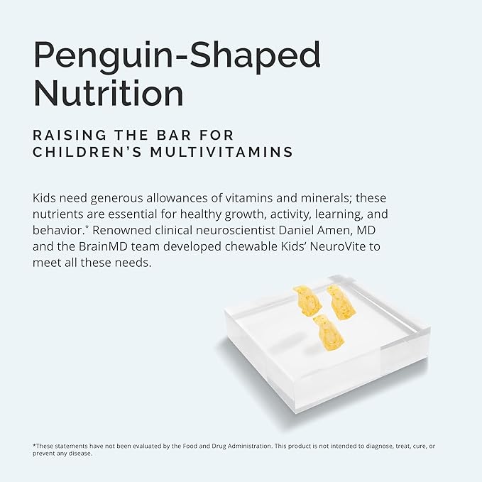 BRAINMD Dr Amen Kids’ NeuroVite, Orange Flavor - 120 Penguin-Shaped Chewables - Multivitamin & Mineral Supplement - Promotes Healthy Development & Growth - Gluten Free - 60 Servings