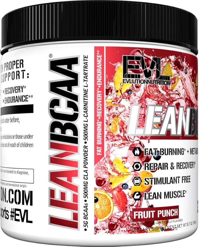 Evlution Stimulant Free Lean BCAA Powder Nutrition BCAAs Amino Acids Powder with CLA Carnitine and 2:1:1 Branched Chain Amino Acids Supports Muscle Recovery Fat Burn and Metabolism - Fruit Punch