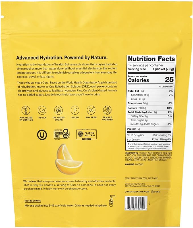 Cure Hydrating Plant Based Electrolyte Mix | Powder for Dehydration Relief | Made with Coconut Water | Non-GMO | No Added Sugar | FSA & HSA | Vegan | Paleo | Pouch of 14 Packets - Lemonade