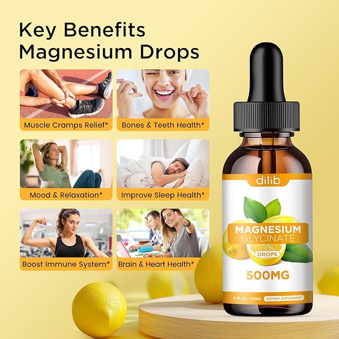 Magnesium Glycinate Supplement, Magnesium Glycinate Liquid Drops 500mg with Calcium, Zinc, Vitamin B6, D3, L-Theanine, Omega 3 for Sleep, Mood, Stress Relief, Bone, Muscle, Lemon Flavor