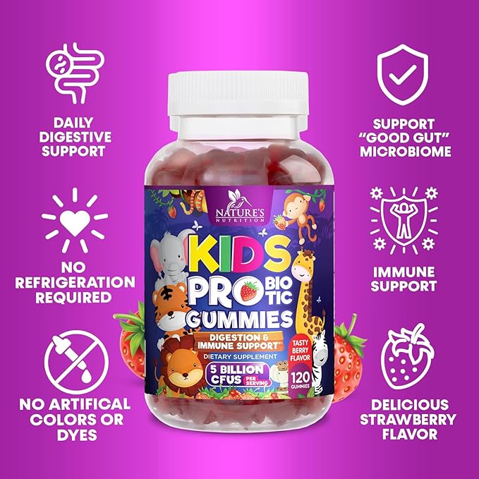 Kids Probiotic Gummies - Chewable Daily Probiotics for Kids Ages 3+ - Natural Digestive Health & Immune Support Vitamin - Vegan, Gluten Soy & Dairy Free, Berry Flavored, Shelf Stable - 120 Gummies