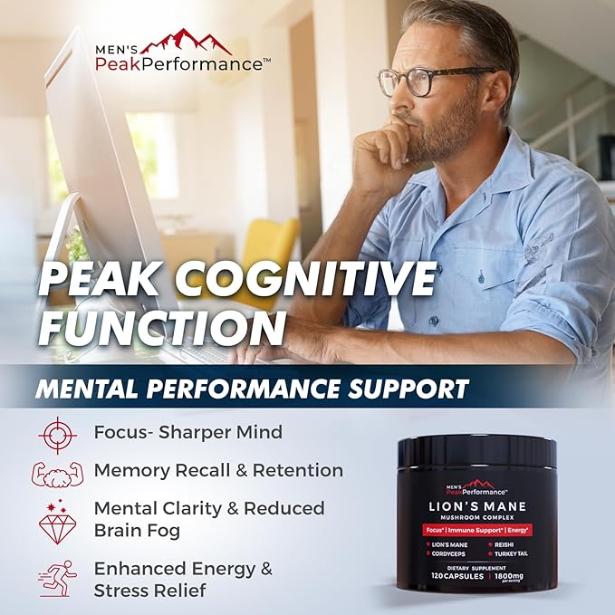 MEN'S PeakPerformance Lion's Mane Mushroom Supplement Capsules with Reishi, Cordyceps, Turkey Tail – Brain Nootropic for Memory, Focus, Natural Energy, & Immune Support Supplement (120 Capsules)