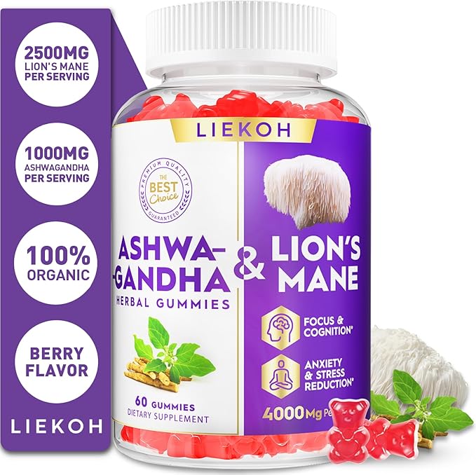 Ashwagandha & Lions Mane Gummies for Adults -Cortisol and Brain Health, 4000mg Ultra Strength Lion's Mane Mushroom Supplements for Cognitive & Immune, Berry Flavor - 420 Organic Mushroom Gummies