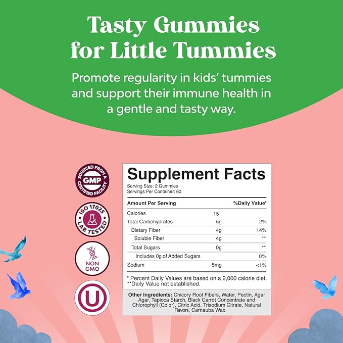 High Prebiotic Fiber Gummies for Kids - Dietary Fiber Supplements for Digestion & Constipation - Chicory Root Kids Immune Gummies - Non-GMO & Vegan Digestive Nutritional Supplements - 120 Count