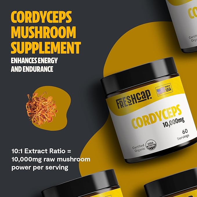 FreshCap Cordyceps Mushroom Powder 10,000mg - Cordyceps Powder, Cordyceps Mushroom Supplement Powder, Mushroom Extract Immunity Supplement, Ayurveda Nootropic Mushroom Supplements (60 Servings)