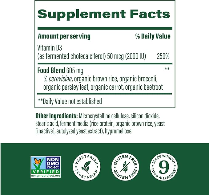 MegaFood Vitamin D3 2000 IU (50 mcg) - Vitamin D Supplements with Real Food, Immune Support, Supports Bones, Teeth & Muscles, Vegetarian, Certified Non-GMO, Kosher – 30 Tablets, 30 Servings