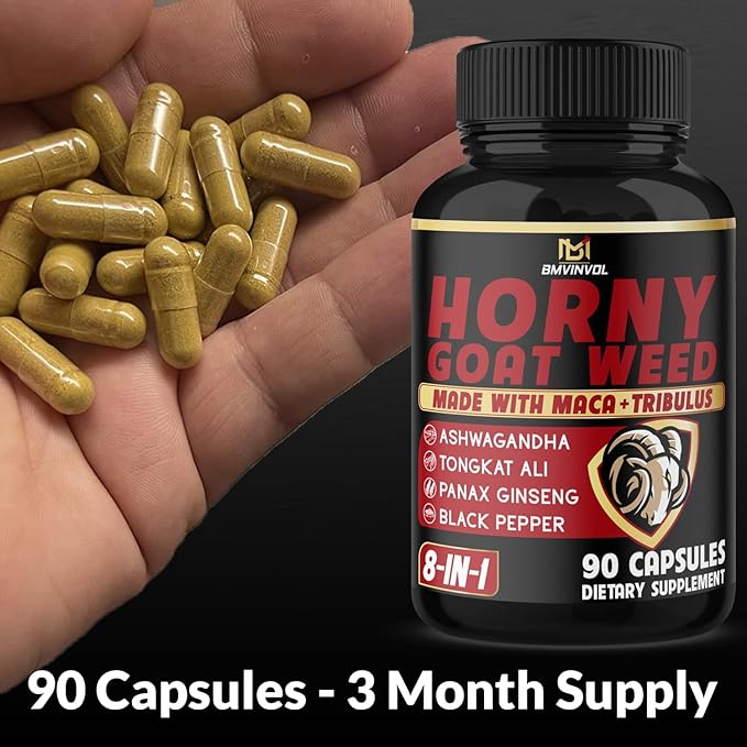 BMVINVOL Horny Goat Weed Capsules with Maca, Ginseng, Tribulus Terrestris, Ashwagandha, Black Pepper - 90 Count for 3 Month Supply