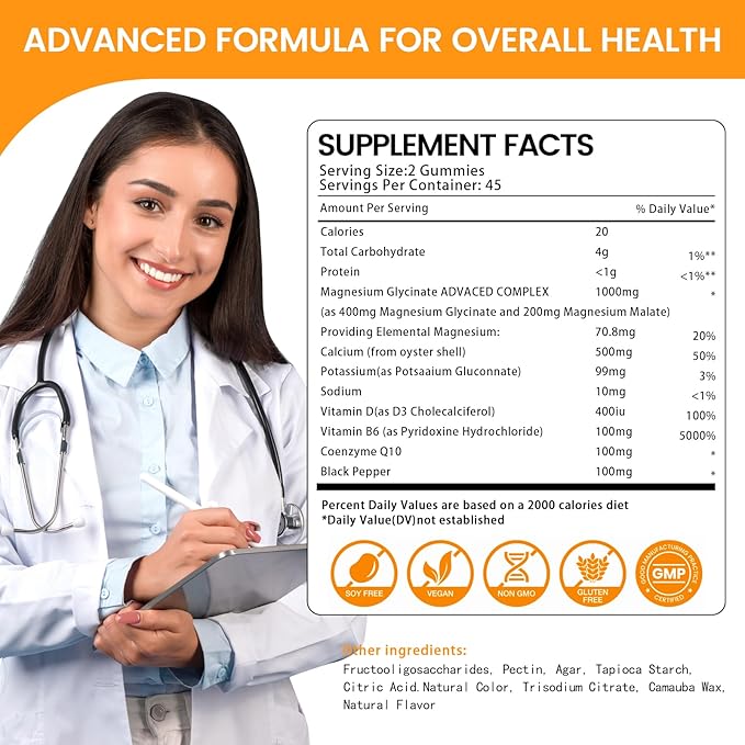 Magnesium Glycinate Gummies 1000mg, High Absorption Sugar Free Magnesium Potassium Supplement for Relaxation, Stress Relief, and Sleep Support for Adults & Kids - 90 Orange Gummies