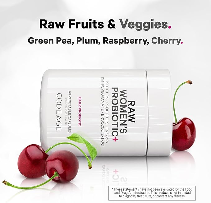 Codeage Raw Women’s Probiotic+ Supplement - 34 Probiotic Strains, 100 Billion CFUs, Digestive Enzymes, Prebiotic Blend, DIM, Herbal Extracts, Phytonutrients - Non-GMO - 30 Capsules