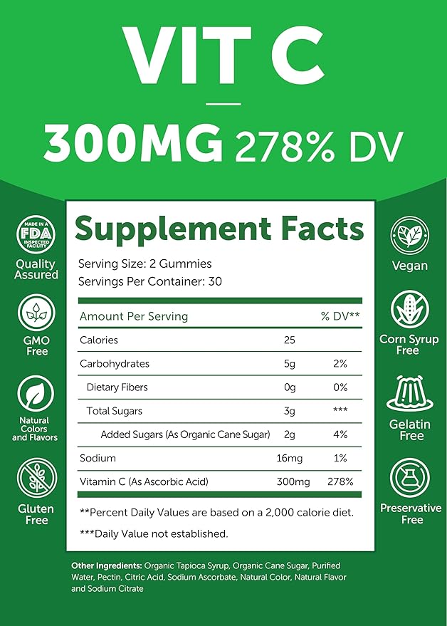 Lunakai USA Made High Potency Vitamin C Gummies for Adults and Kids - 300mg Immune Support - Non-GMO, Vegan, Delicious Orange Flavor, 60ct